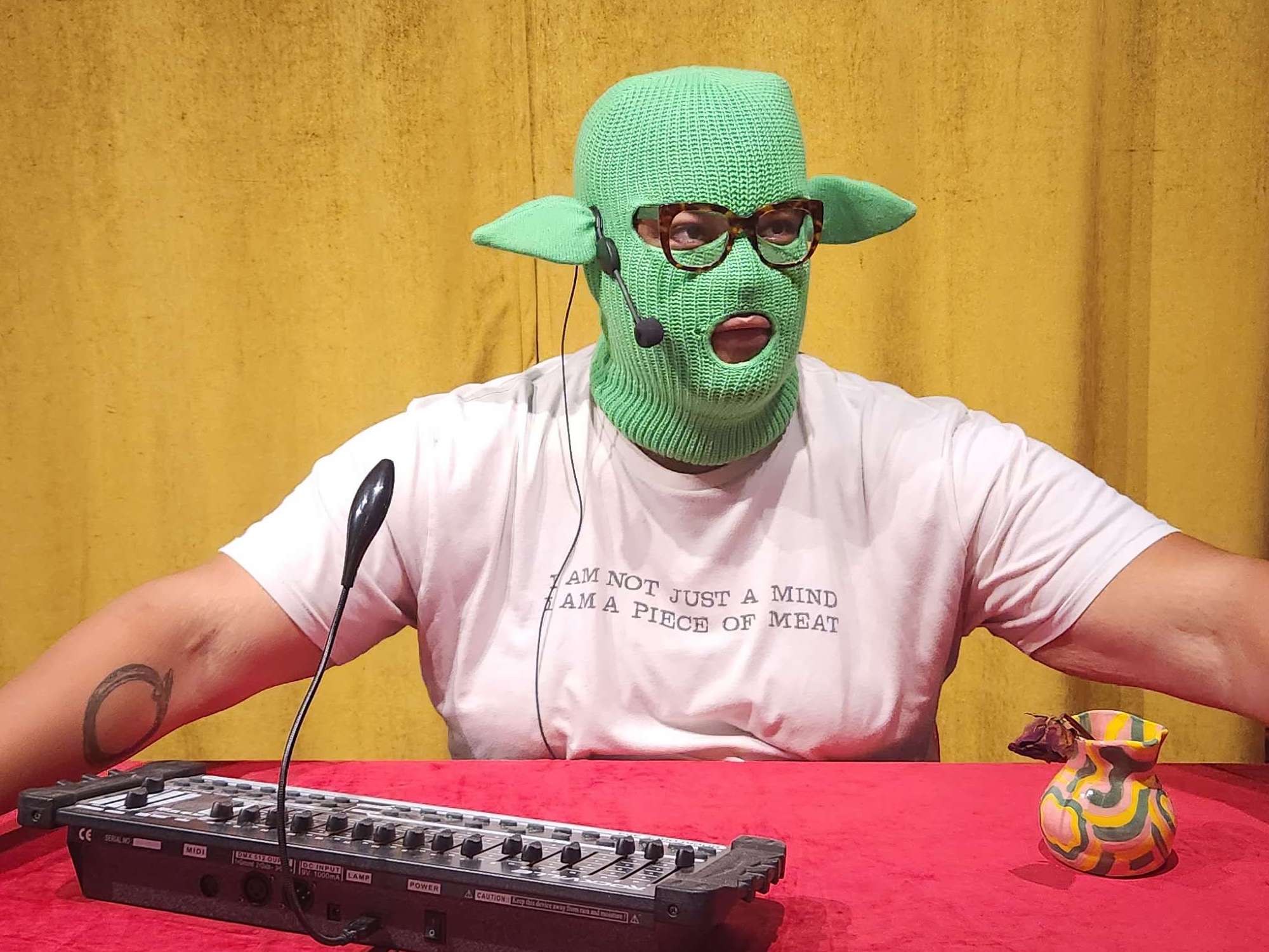 a picture of a person in a green balaclava with ears on it, and a shirt that says "i am not just a mind, i'm a piece of meat". they sit behind a microphone and control deck.